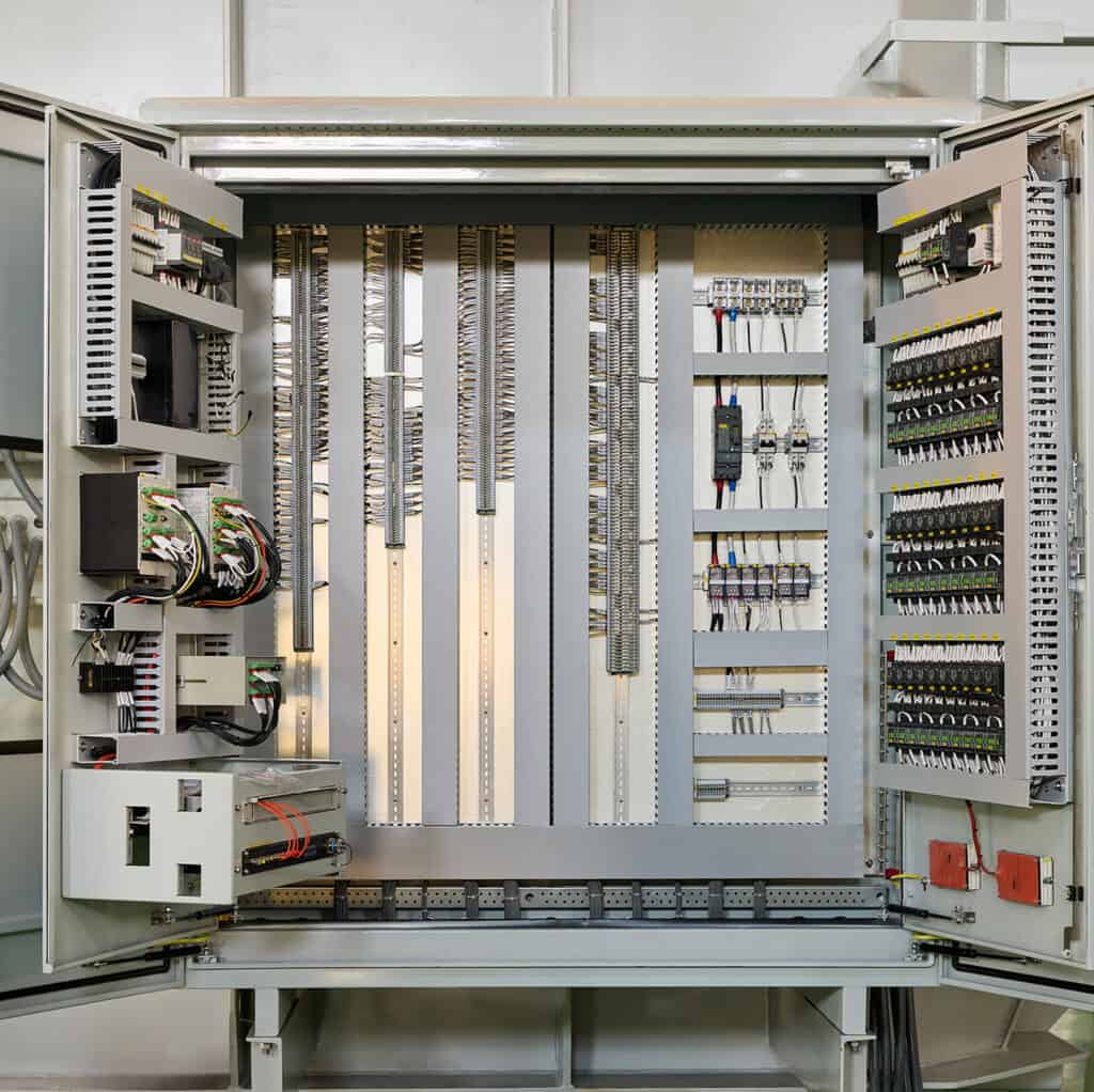 Power transformer control cabinet with internal wiring and relays