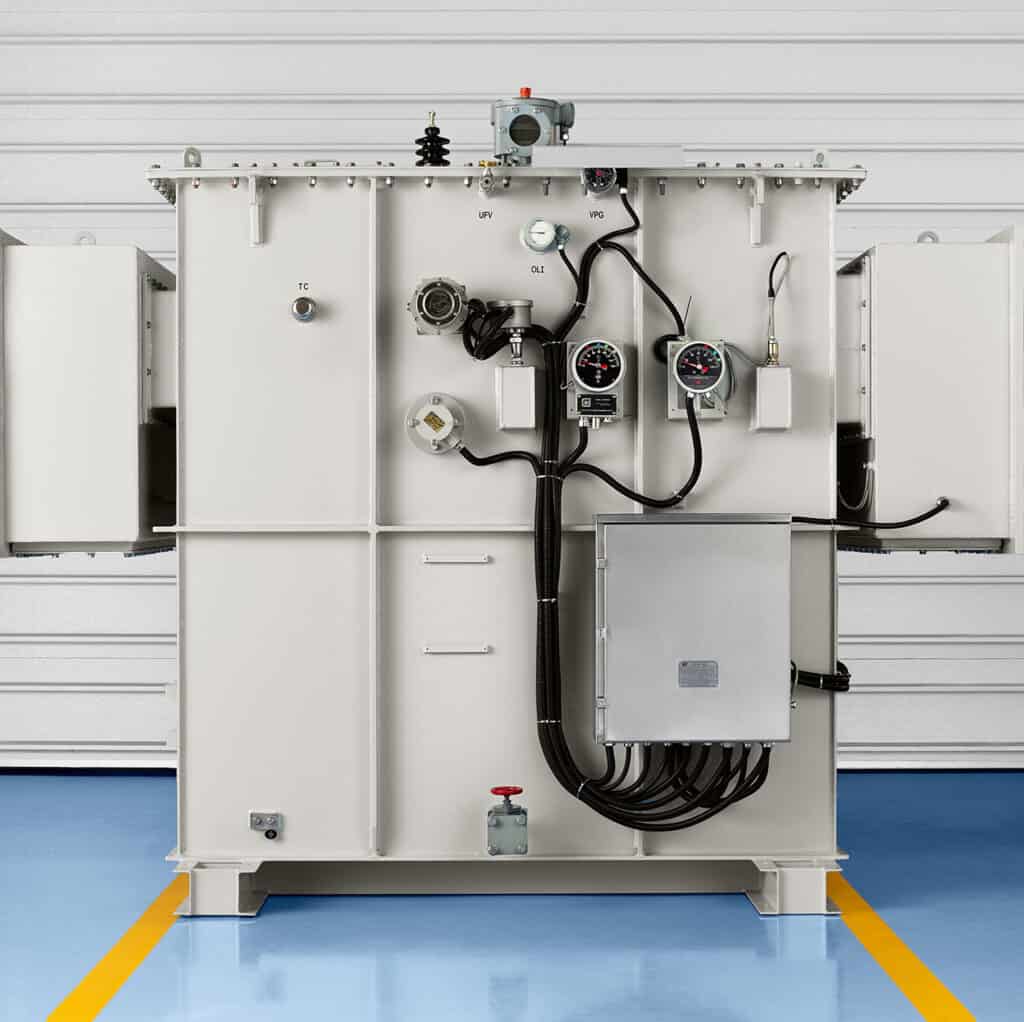 Substation transformer rear panel with gauges and control box