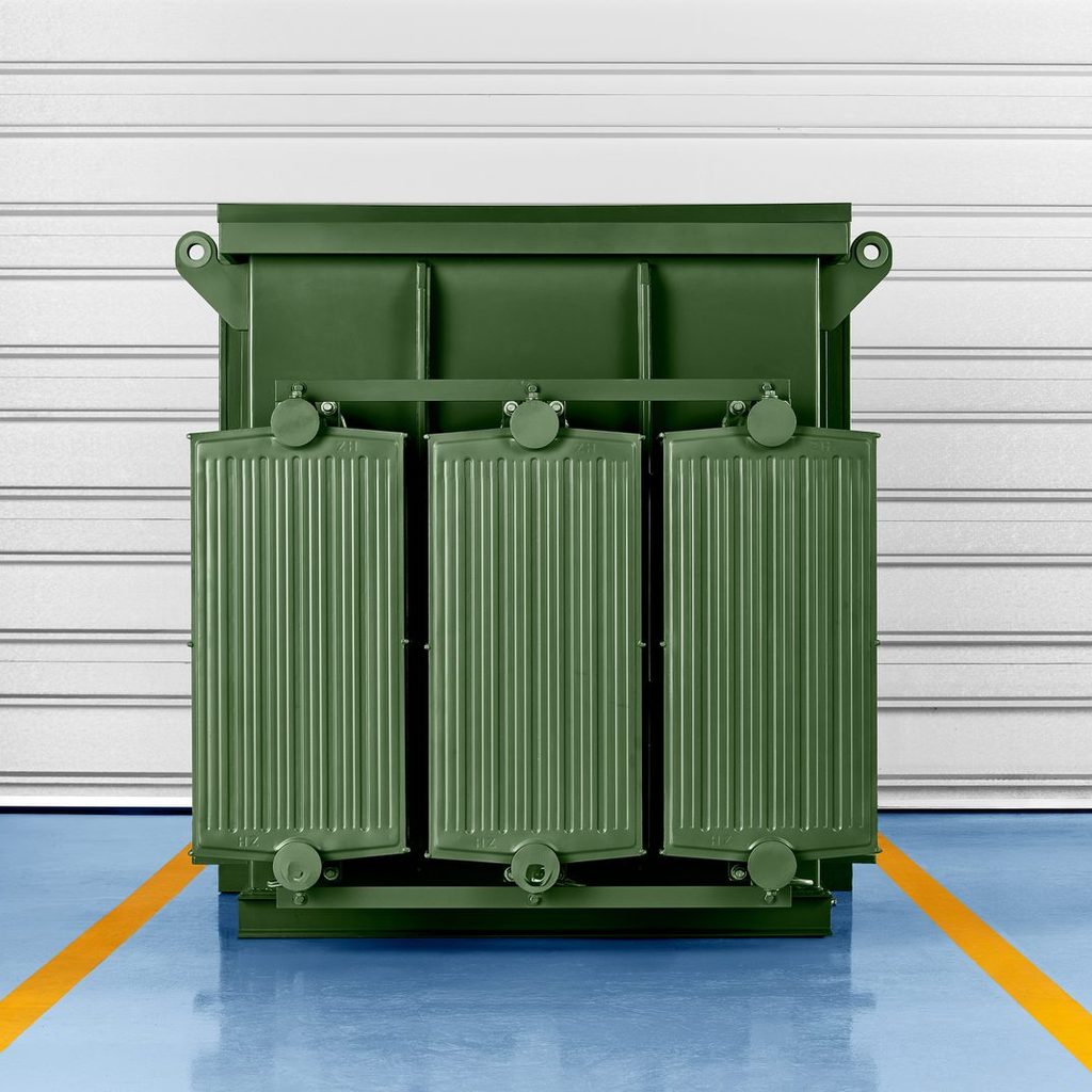 Three-phase pad-mounted transformer, front view with external radiator panels