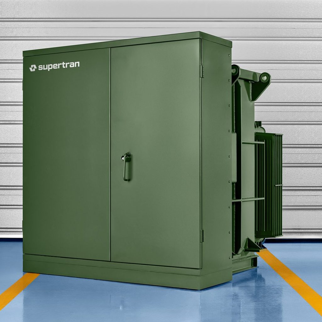 Three-phase pad-mounted transformer with front access cabinet